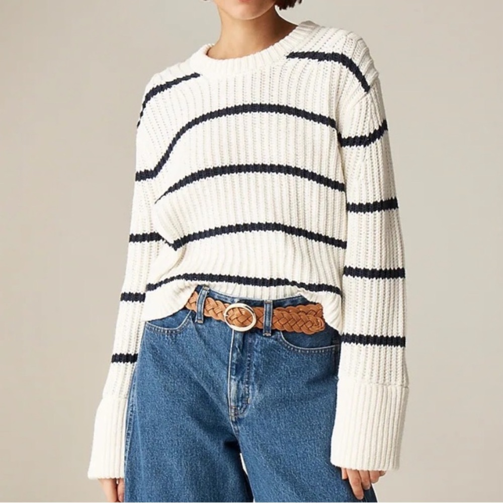 J. Crew Heritage Cotton Fisherman Crewneck Sweater Stripe White Navy Blue Medium